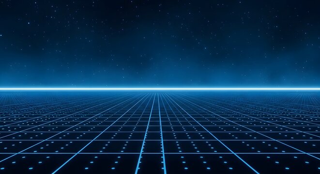 Neon grid landscape with starry night background digital art for sci fi visuals