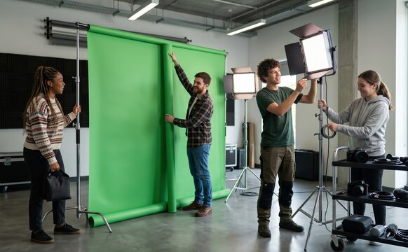 Media production team collaborating to set up a professional green screen studio with lighting equipment