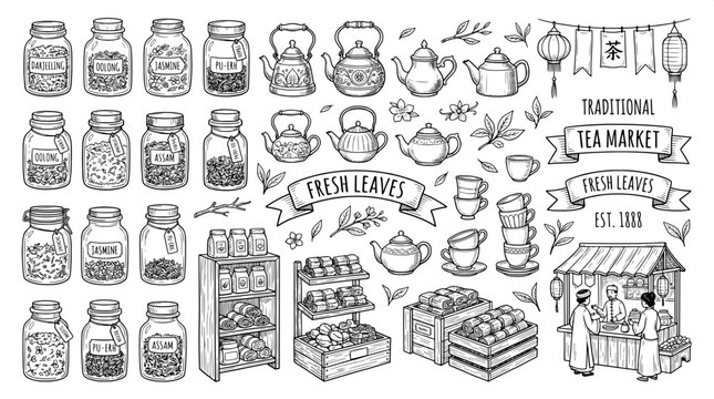 Traditional tea shop market and tea ingredients line art set with pu erh beverage illustration collection traditional shopkeeper business infusion sketches darjeeling