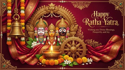Fototapeta premium Happy ratha yatra greeting card with divine blessings, prosperity, joy, featuring idols, bell, lamp, flowers, wheel, and ornate decorations.
