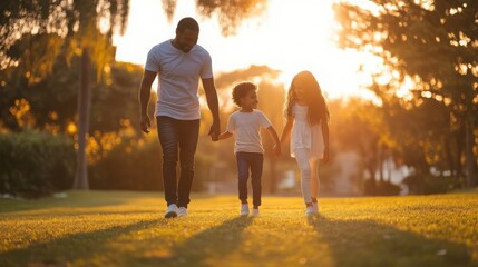 Obraz premium African American Family Walking Holding Hands in Grassy Park at Golden Sunset