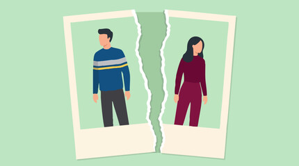 Torn photo illustration symbolizing divorce, separation, or broken relationship