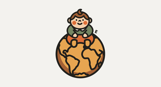Playful Kid Sitting on Globe, Illustration, Fun, Creative, Light Background