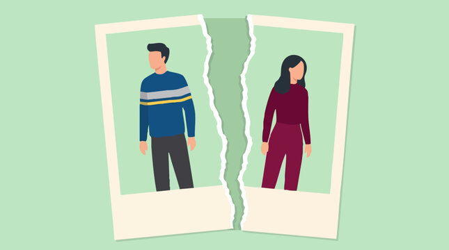 Torn photo illustration symbolizing divorce, separation, or broken relationship