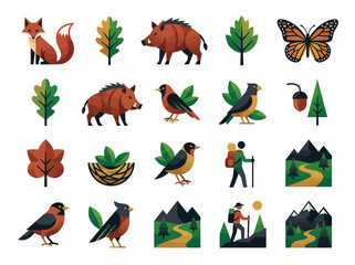 Obraz premium Minimalist Forest and Wildlife Icon Collection with Fox, Wild Boar, Birds, Hiking Trails, and Mountain Landscapes