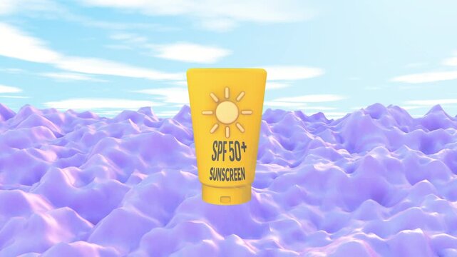 Yellow SPF 50+ sunscreen tube gently bobs up and down above soft lavender waves under a blue sky, playful summer skincare scene for sun protection and beauty promo, 3D loop animation