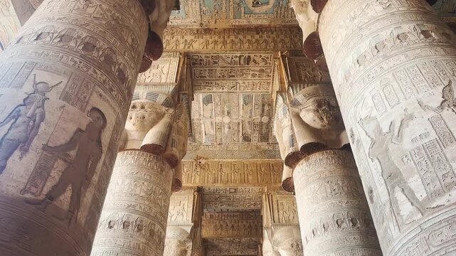 Beautiful vaults and bas-reliefs in the ancient temple complex of Dendera, Qena, Egypt.