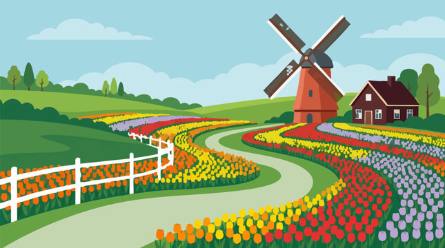 Colorful tulip fields with windmill and house in a scenic landscape vector