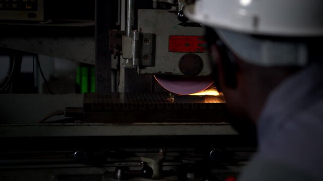 A technician is using a grinding machine to grind and shape automotive parts in an automotive parts manufacturing plant