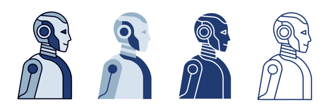 Humanoid Robot Side View Icon Set, Cyborg Profile Avatar for Future AI Tech Business