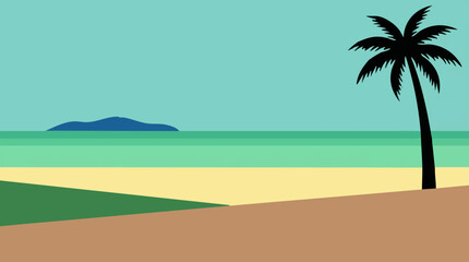 Minimalist tropical beach with palm tree and distant island illustration © Creative Layer