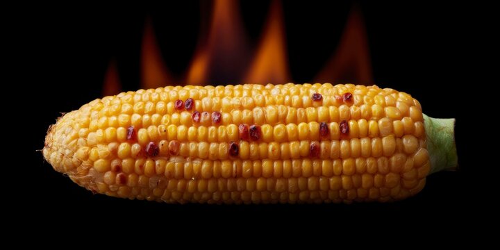 grilled corn on the cob with chili, cooked on an outdoor grill against a black background.