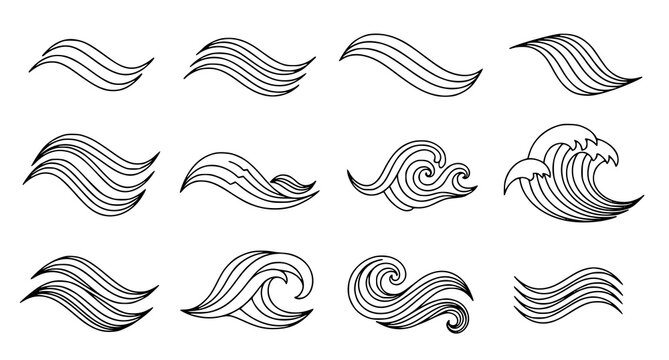 Creative set of 7 wave vector graphics with decorative ocean ripple elements