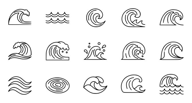 Simple wave outline web icon collection with tsunami tide and marine linear symbols