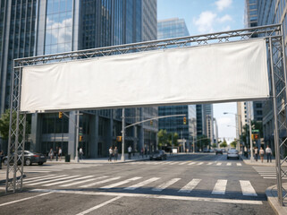 Obraz premium Large Blank White Banner on Metal Truss Over City Street Mockup