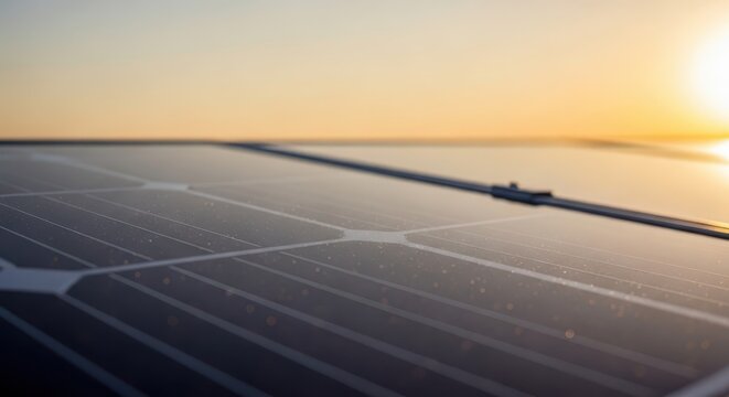 Close-up of a solar panel array capturing sunlight at sunrise or sunset, showcasing renewable energy technology.