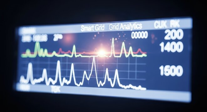 Close-up of a smart meter display showing real-time energy consumption data and grid analytics on a digital screen.