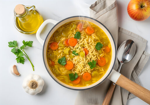 Delicious homemade orzo soup with vegetables and herbs in a pot