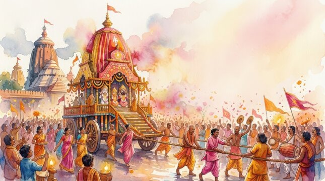 Watercolor illustration of ratha yatra festival with large wooden chariot pulled by devotees near ancient temple under soft sky.