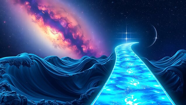 Vibrant cosmic pathway through glowing blue waves to a starry galaxy