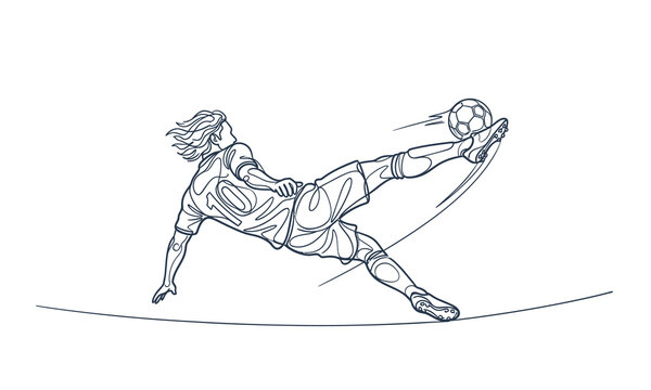 Female soccer goalkeeper diving to catch the ball on field isolated on transparent background, Vector FIFA world cup 2026 one line art design