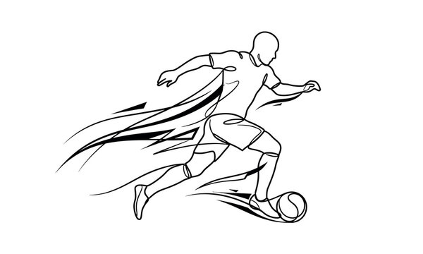 Athlete kicking soccer ball with speed and motion blur isolated on transparent background, Vector FIFA world cup 2026 one line art design