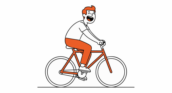 Happy man riding a bicycle with joyful expression outdoors.