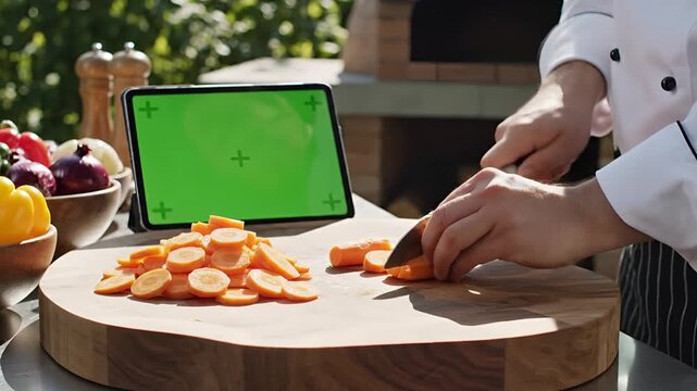 Chef prepares fresh carrots outdoors using a tablet for guidance.