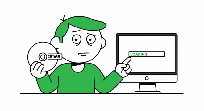 Cartoon character installing software from a disc.