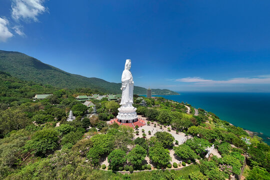 Aerial panoramic view of Ling Ung pagoda, Son Tra peninsula, Da Nang, Vietnam. Aerial view of Linh Ung pagoda which is one of the most famous destination for tourists.