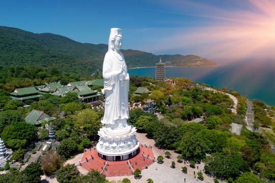 White Buddha statue Lady Buddha at Linh Ung Pagoda, Danang, Vietnam in a summer day