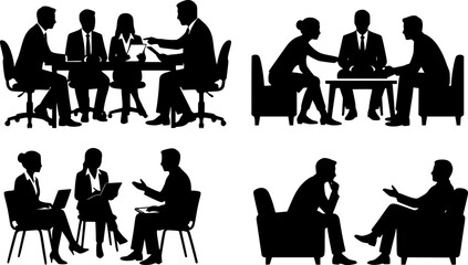Fototapeta premium Sitting People and Business Bosses Silhouette Vector. Corporate Meeting, Office Workers, and Executives Profiles on White Background.