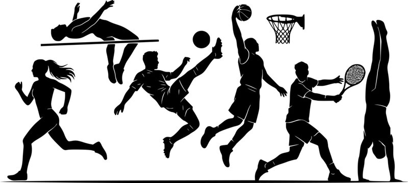 Sports and Athletes Silhouette Vector Set. Dynamic Fitness, Running, and Team Sports Characters Isolated on White Background.
