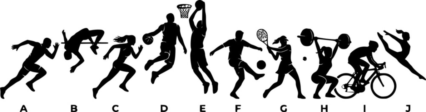 Sports and Athletes Silhouette Vector Set. Dynamic Fitness, Running, and Team Sports Characters Isolated on White Background.