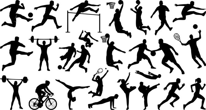 Sports and Athletes Silhouette Vector Set. Dynamic Fitness, Running, and Team Sports Characters Isolated on White Background.