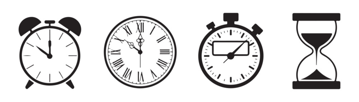 Collection of black clock icons showing time, alarm clock, stopwatch, and antique roman numeral clock.