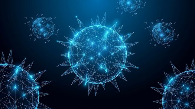 Abstract digital virus models with glowing blue wireframe structure on a dark background for tech concepts.