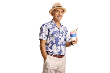 Elderly man holding ice cream in a cup