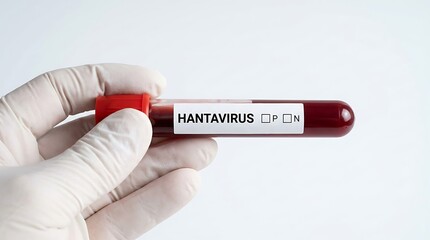 Obraz premium A gloved hand holding a medical blood sample tube labeled for hantavirus testing in a clinical laboratory setting.