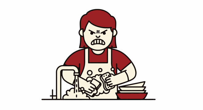 Frustrated woman struggling with difficult dishwashing task.