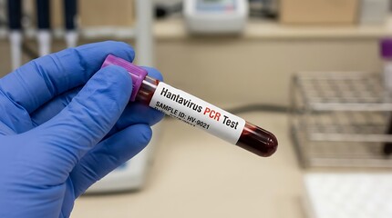 Fototapeta premium A technician in blue gloves holds a blood sample tube for a hantavirus PCR test in a medical laboratory setting.