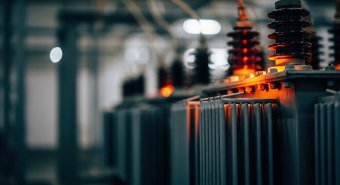 Close-up of electrical power transformers in an industrial energy substation, showcasing industrial technology and infrastructure.