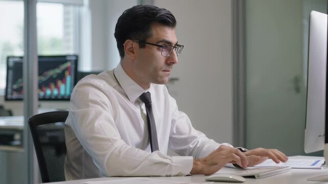 Male financial analyst typing on keyboard in modern office. Corporate professional working on computer with stock market charts on background monitor. Medium shot with slight panning and tilting.
