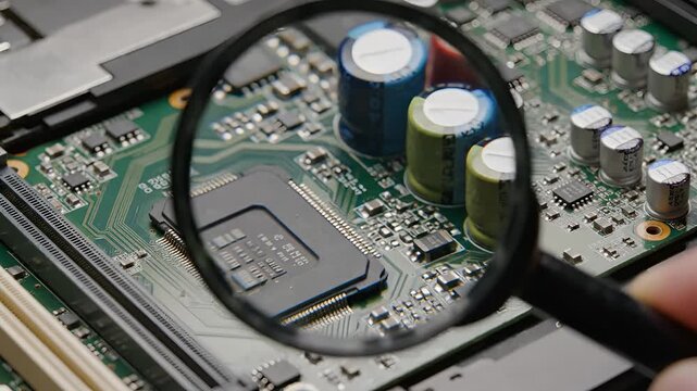 Closeup of Computer Motherboard Components Under Magnifying Glass.