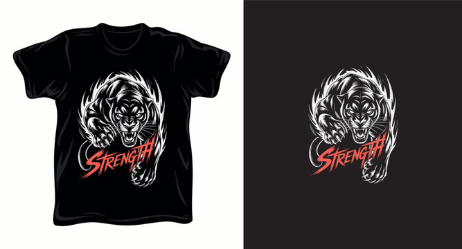 Powerful panther with outstretched paws and word strength on black t-shirt design.