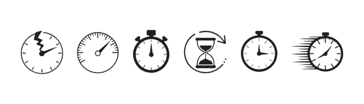 Speed and time measurement graphics set including broken clock speedometer stopwatch and hourglass icons pack.