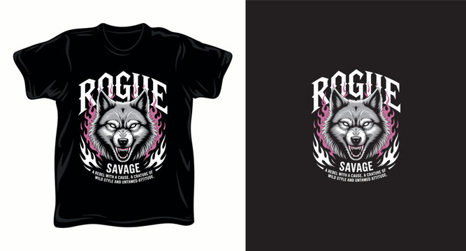 Aggressive rogue savage wolf head with pink flames for vintage t-shirt and apparel graphic.