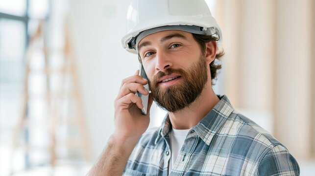 Renovation coordinator wearing a hard hat midconversation on a phone with visible chat threads captured in highkey natural light amid an outoffocus modern home renovation site.