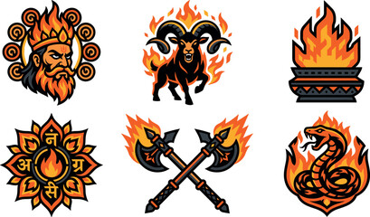 Hindu God Agni Mascot Badge Set with Flaming Fire Lord Ram Weapon Axe and Snake Elements for Team Sports and Esport Branding Logos © MD SOJIB 