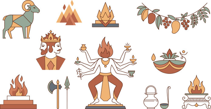 Minimalist Hindu God Agni and Vedic Fire Ritual Icon Set with Multi Armed Deity, Ram, Two Headed Profile, and Sacred Altar Elements